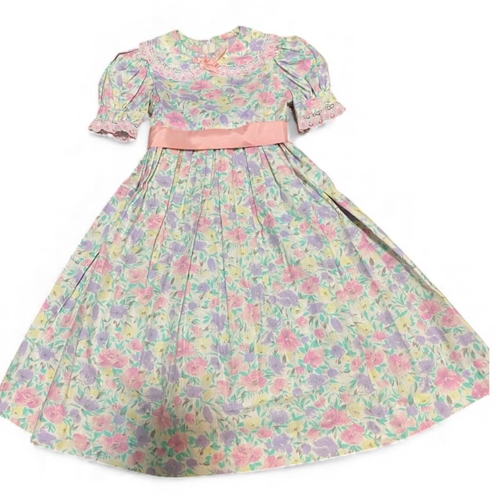 Vintage Little Girl Cotton Dress 80s 90s Floral Pink Purple Ribbon Tie
